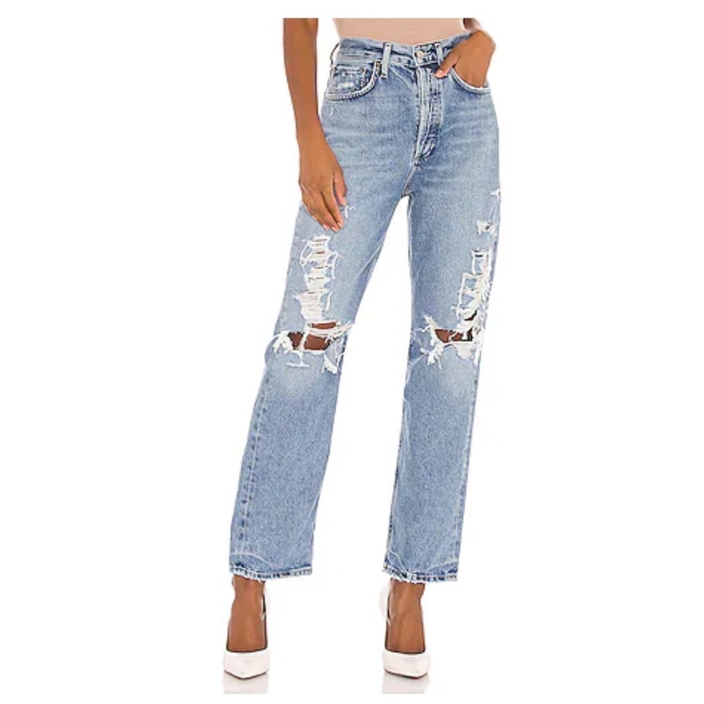 AGOLDE 90s Mid Rise Loose Fit Distressed Jeans Size 27 Light Wash Denim - Picture 2 of 9